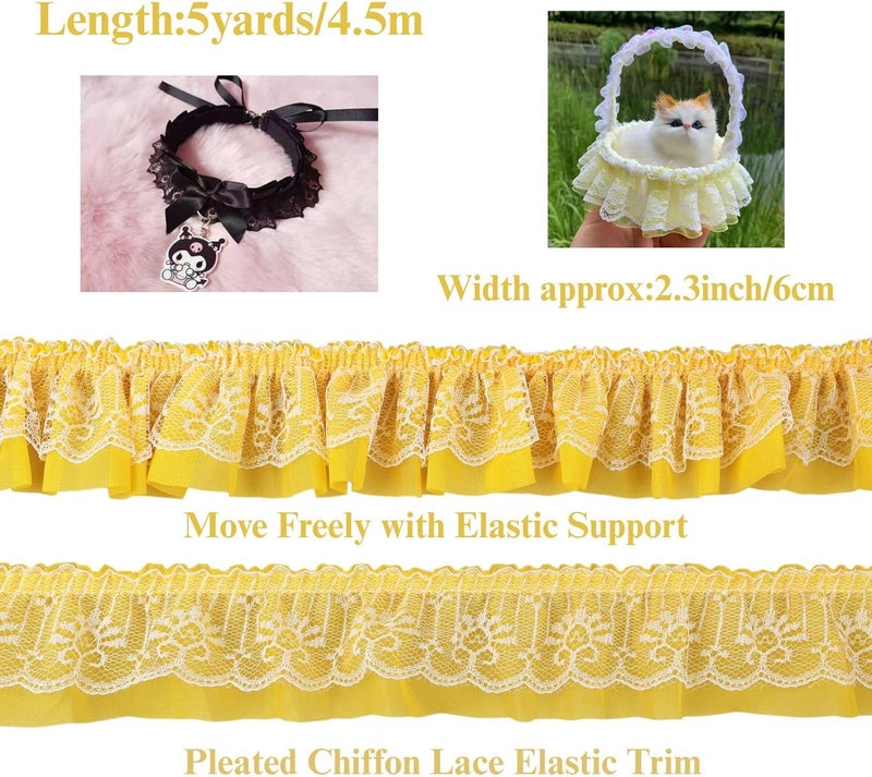 GXTIZAS Yellow Lace Ruffle Ribbon Double-Layer Pleated Chiffon 6cm Wide Lace Elastic Trim Wrinkle-Free Boxed for DIY Sewing, Clothing, Pillowcase Decoration(5yards) - Image 3